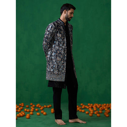 KALPRAAG Navy Blue Georgette Sherwani Set