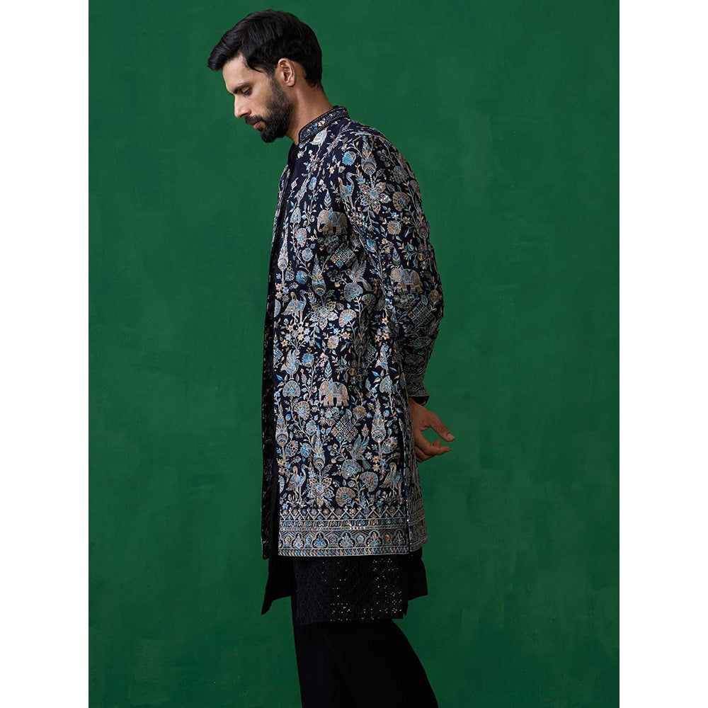 KALPRAAG Navy Blue Georgette Sherwani Set