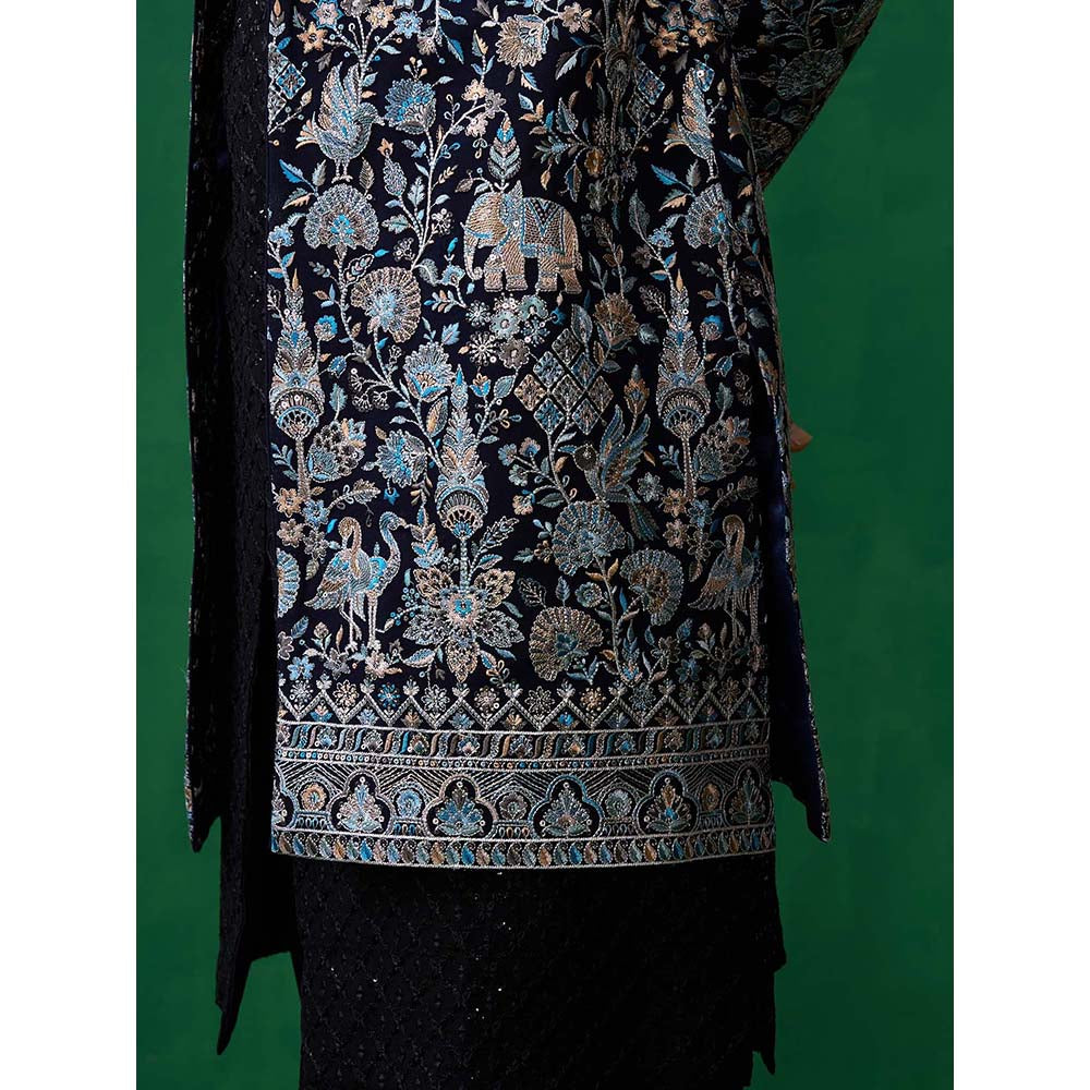 KALPRAAG Navy Blue Georgette Sherwani Set