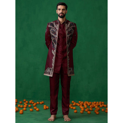 KALPRAAG Maroon Georgette Sherwani Set