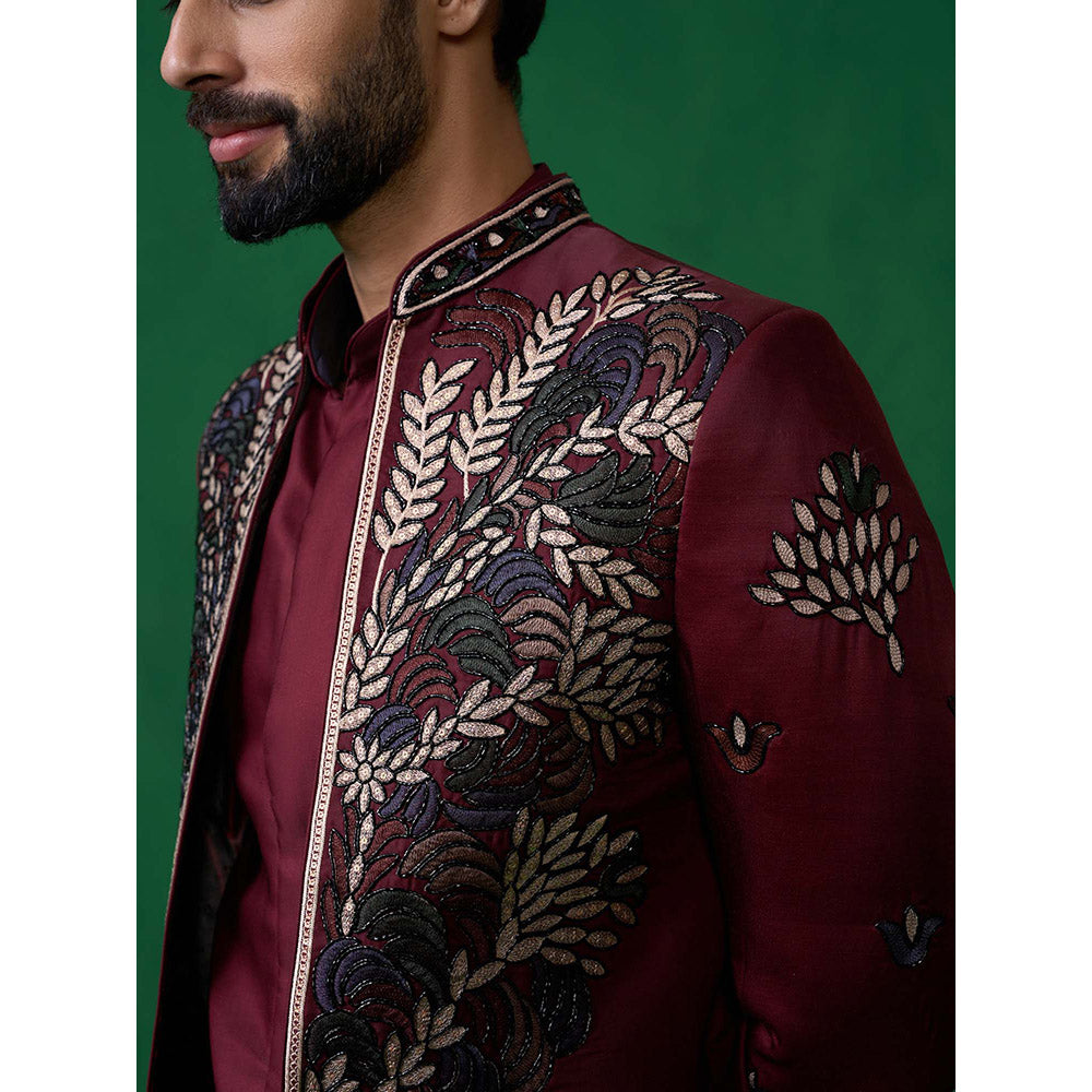 KALPRAAG Maroon Georgette Sherwani Set