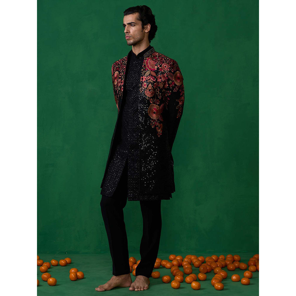 KALPRAAG Black Georgette Sherwani Set