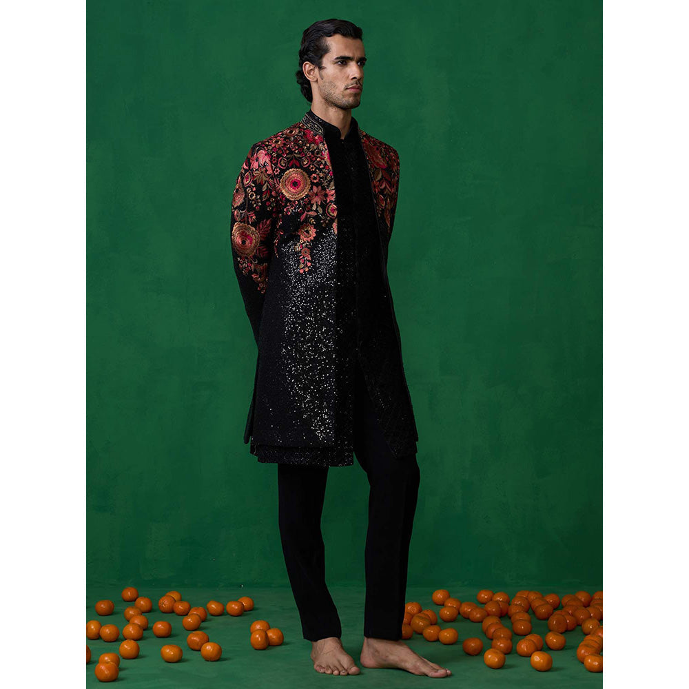KALPRAAG Black Georgette Sherwani Set