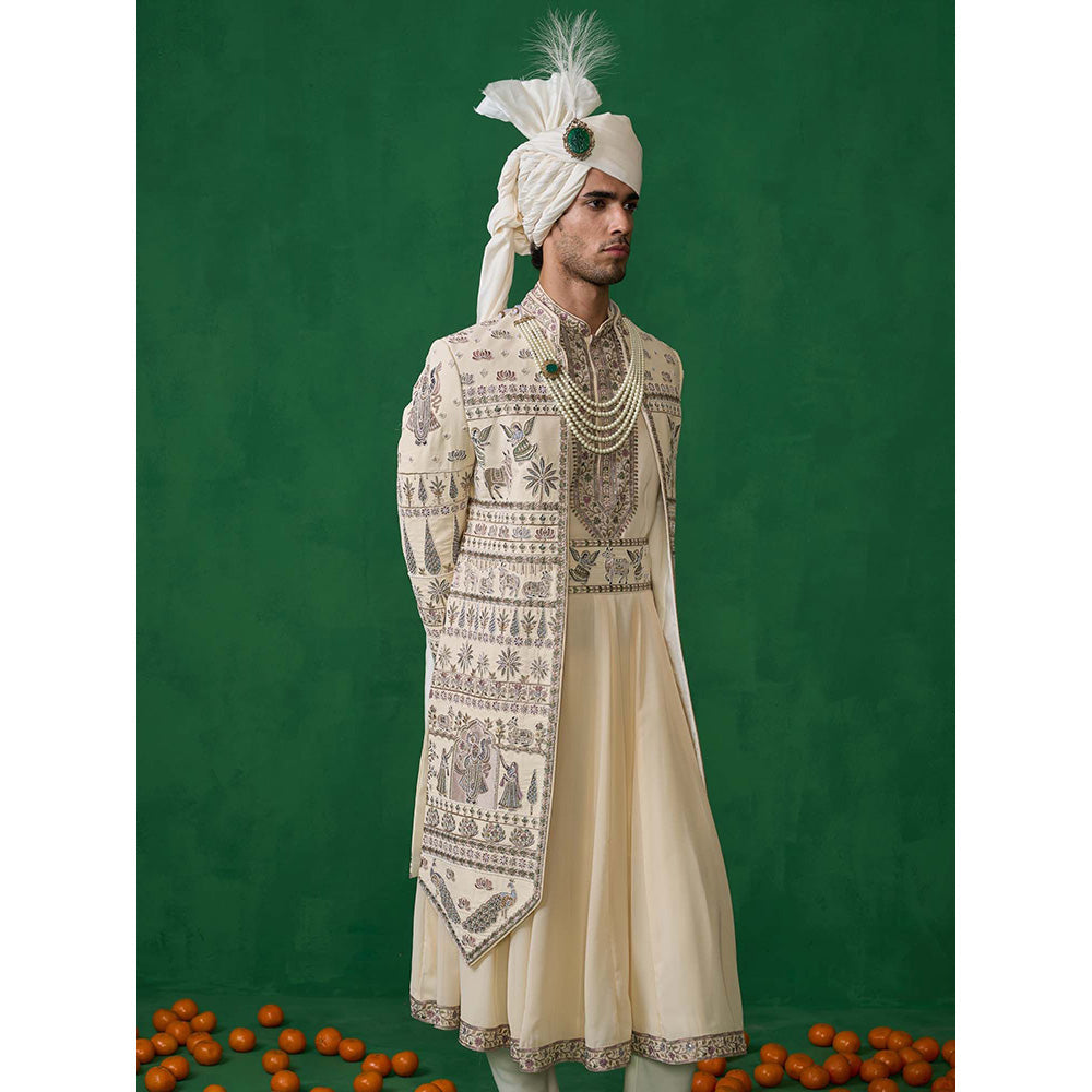 KALPRAAG Cream Georgette Sherwani Set