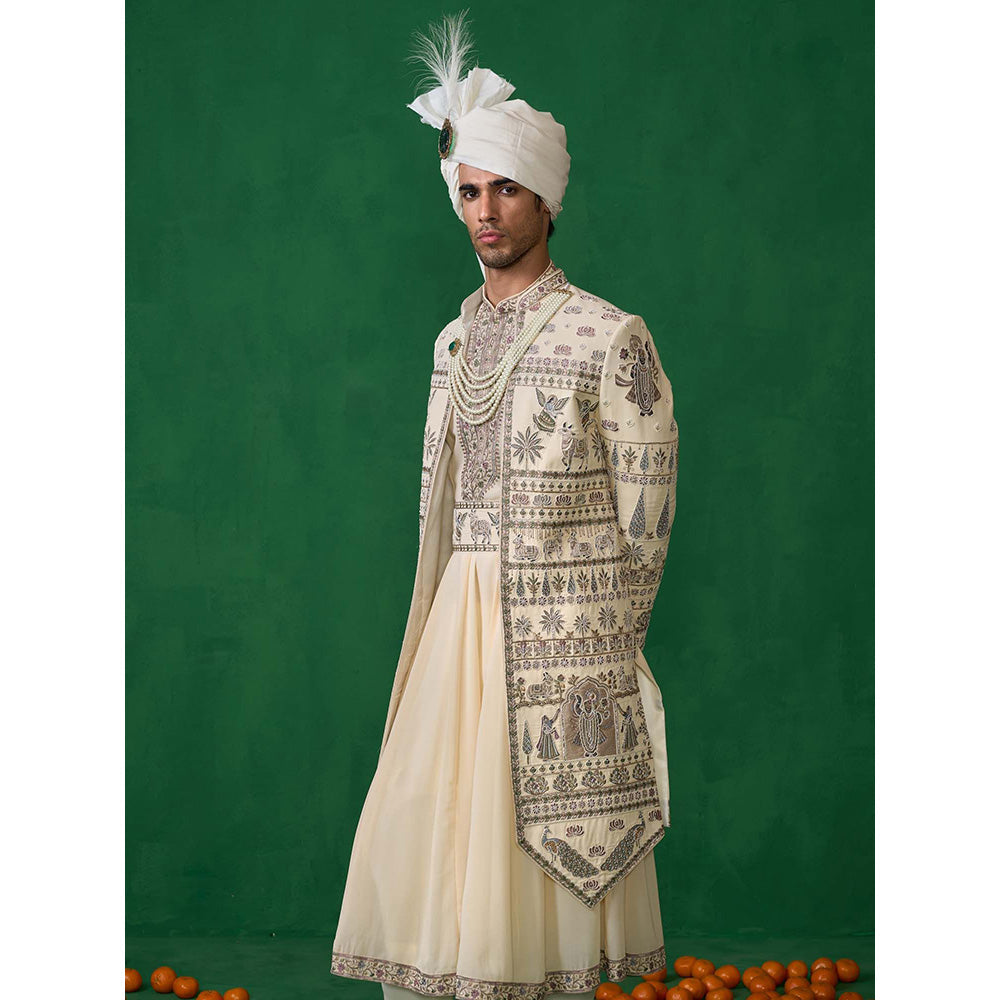 KALPRAAG Cream Georgette Sherwani Set