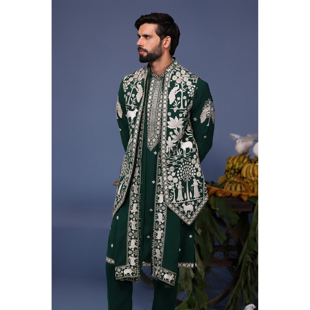 KALPRAAG Green Viscose Embroidered Kurta Jacket Set