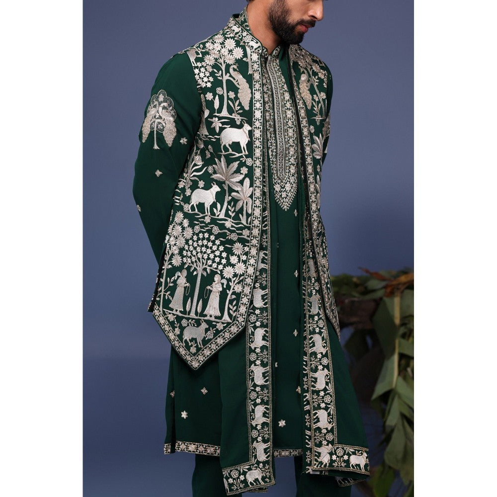 KALPRAAG Green Viscose Embroidered Kurta Jacket Set
