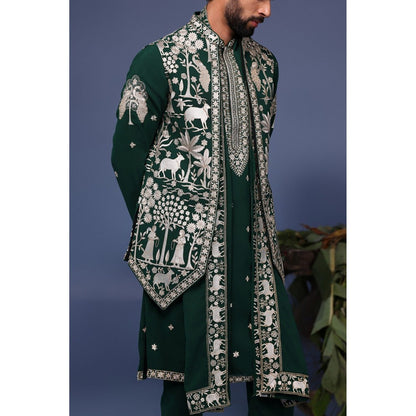 KALPRAAG Green Viscose Embroidered Kurta Jacket Set