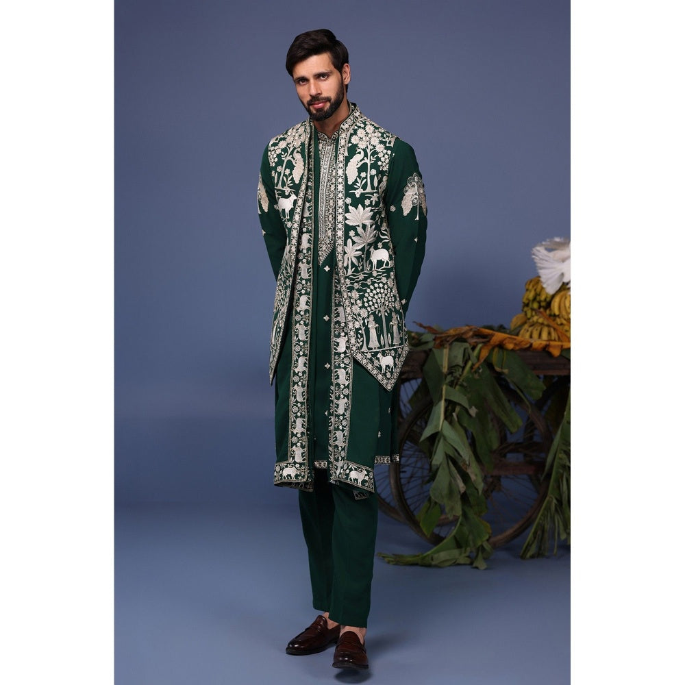 KALPRAAG Green Viscose Embroidered Kurta Jacket Set