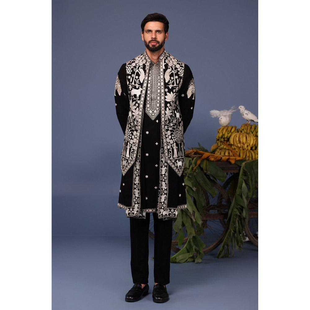 KALPRAAG Black Viscose Embroidered Kurta Jacket Set