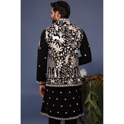 KALPRAAG Black Viscose Embroidered Kurta Jacket Set