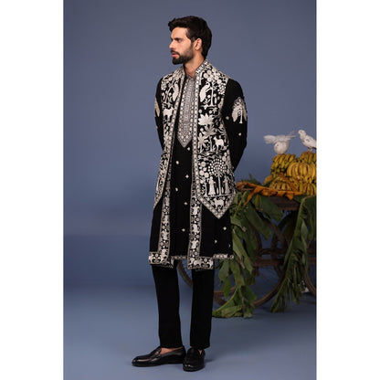 KALPRAAG Black Viscose Embroidered Kurta Jacket Set