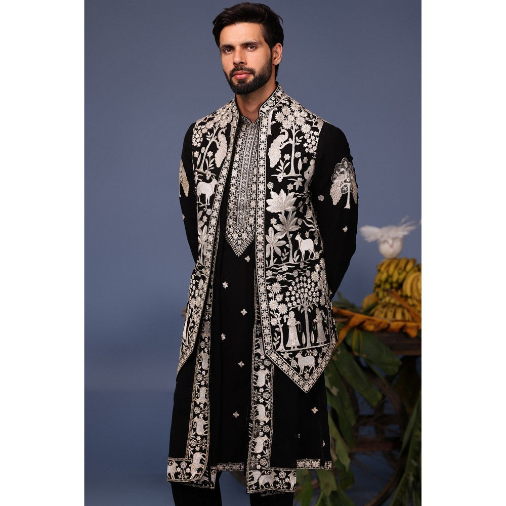 KALPRAAG Black Viscose Embroidered Kurta Jacket Set