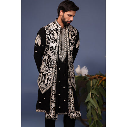 KALPRAAG Black Viscose Embroidered Kurta Jacket Set