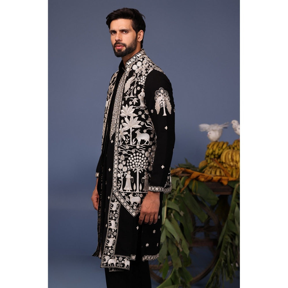 KALPRAAG Black Viscose Embroidered Kurta Jacket Set