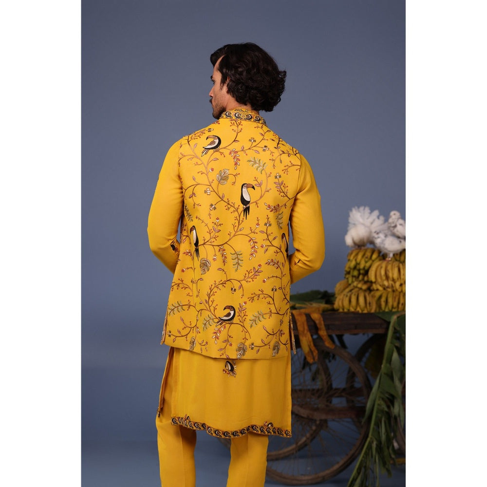 KALPRAAG Yellow Viscose Embroidered Kurta Jacket Set
