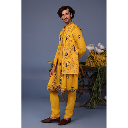 KALPRAAG Yellow Viscose Embroidered Kurta Jacket Set