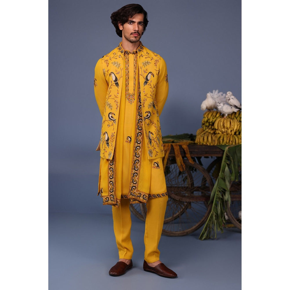 KALPRAAG Yellow Viscose Embroidered Kurta Jacket Set