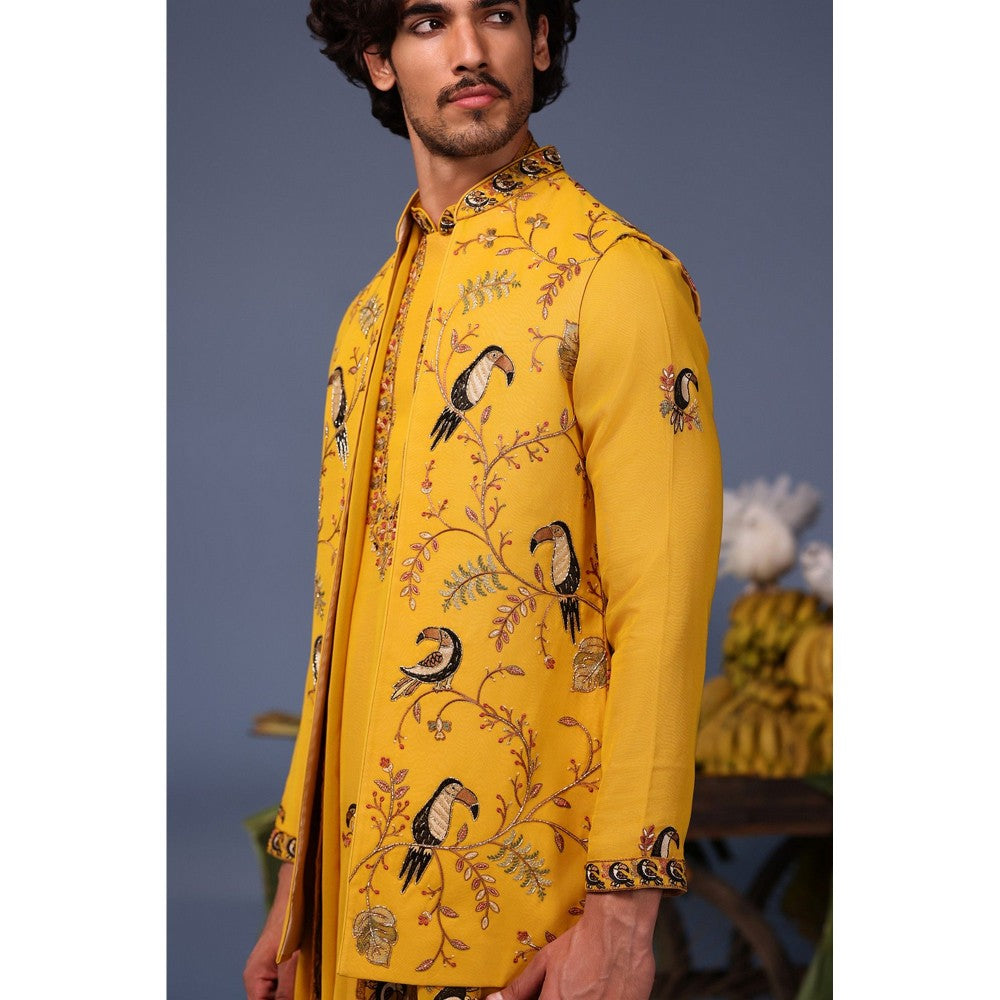 KALPRAAG Yellow Viscose Embroidered Kurta Jacket Set