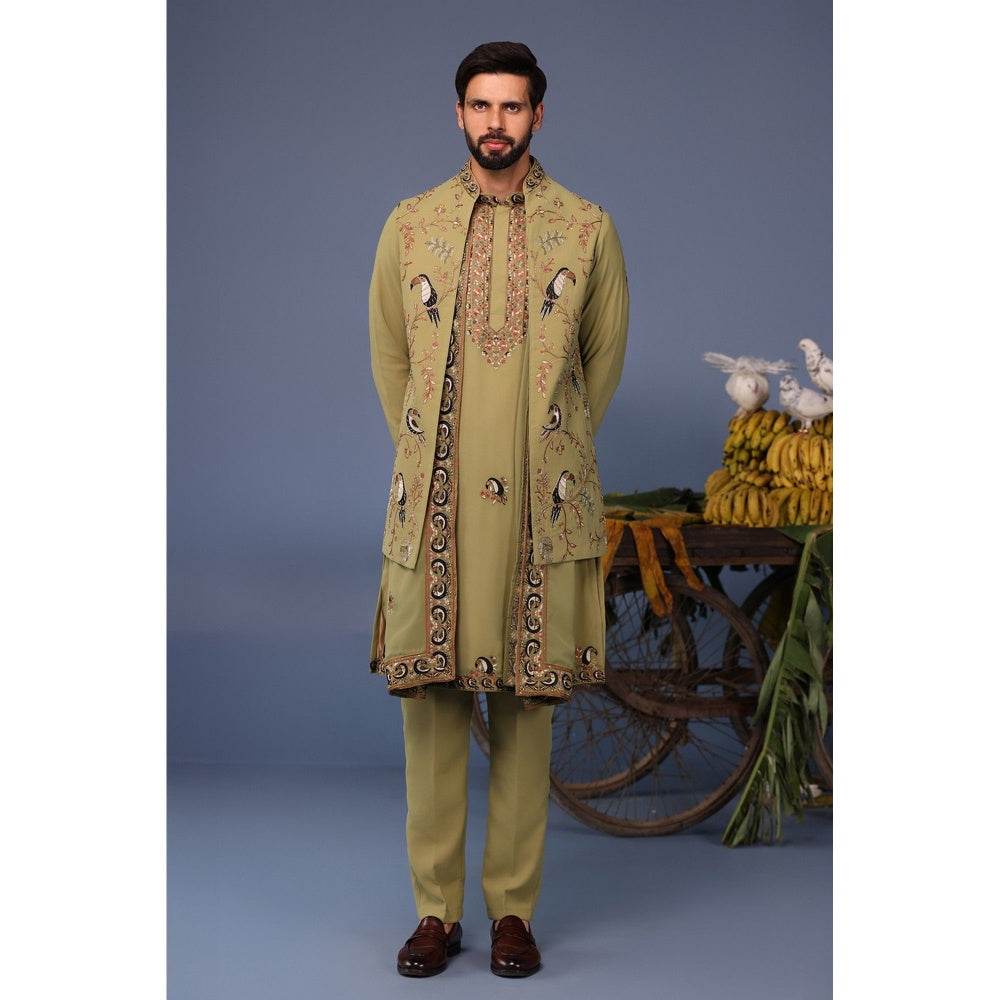 KALPRAAG Green Viscose Embroidered Kurta Jacket Set
