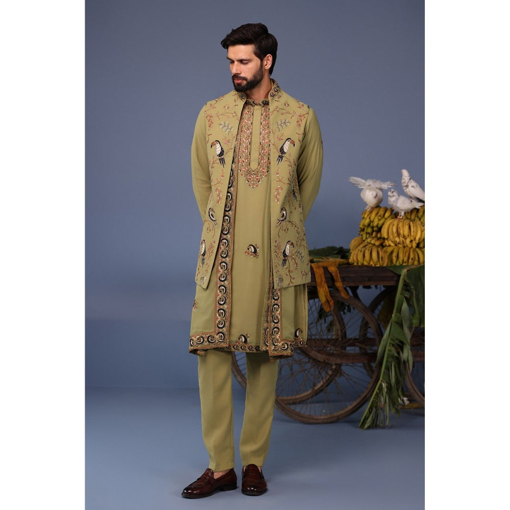 KALPRAAG Green Viscose Embroidered Kurta Jacket Set