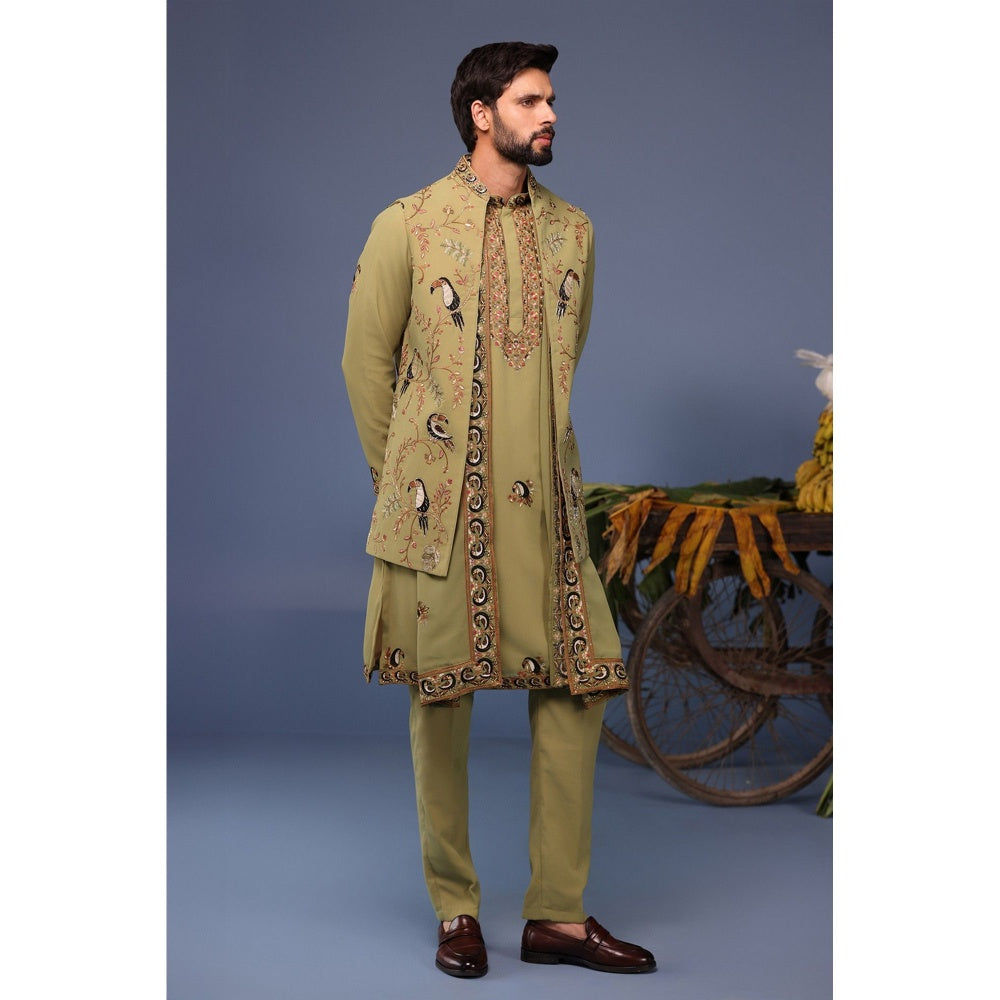 KALPRAAG Green Viscose Embroidered Kurta Jacket Set