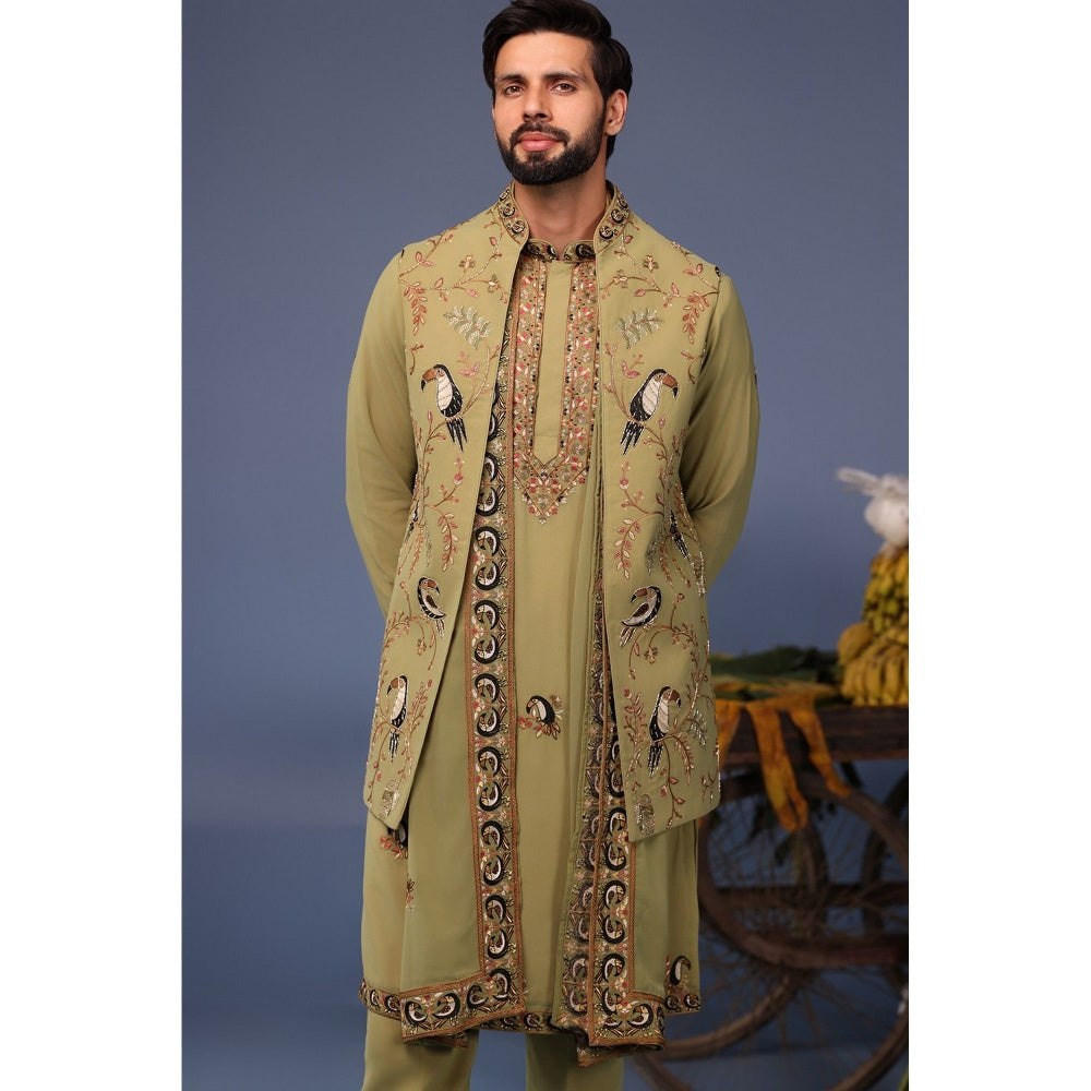 KALPRAAG Green Viscose Embroidered Kurta Jacket Set