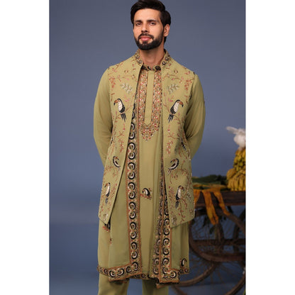KALPRAAG Green Viscose Embroidered Kurta Jacket Set
