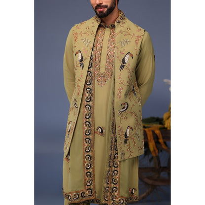 KALPRAAG Green Viscose Embroidered Kurta Jacket Set
