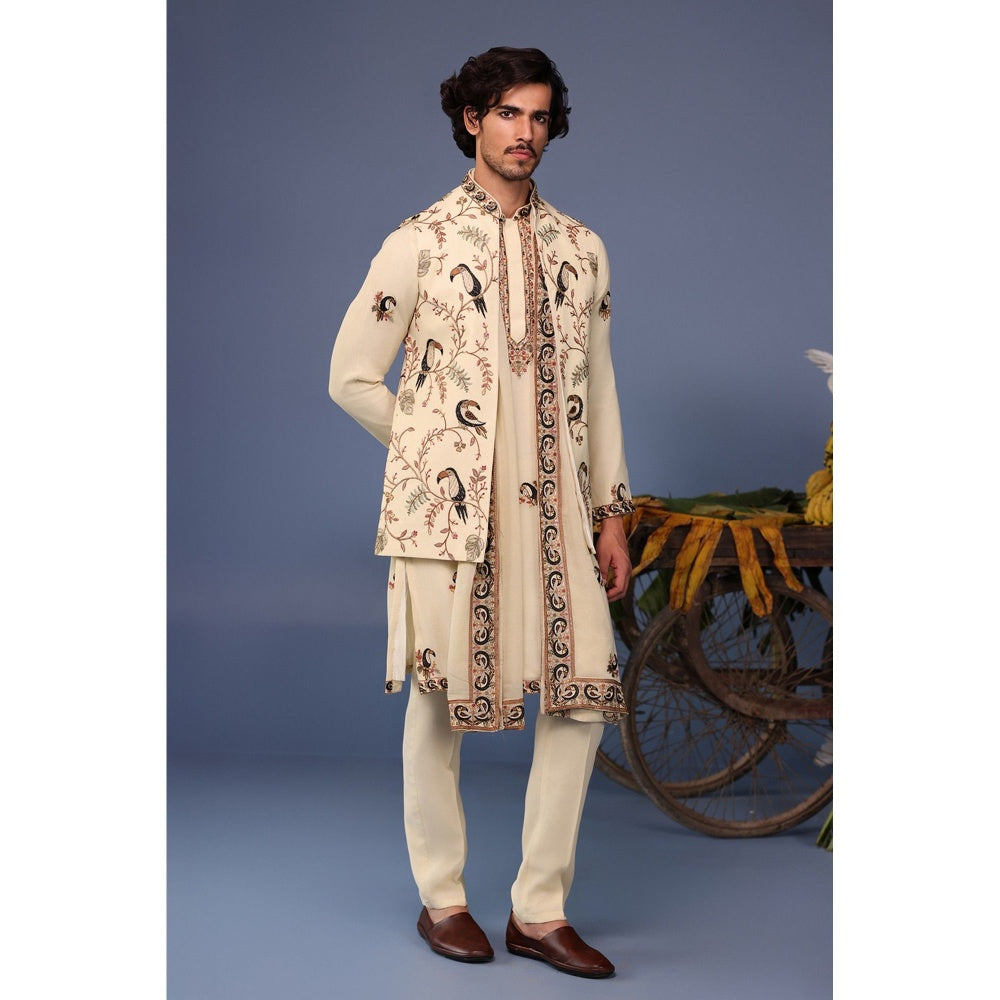 KALPRAAG Cream Viscose Embroidered Kurta Jacket Set