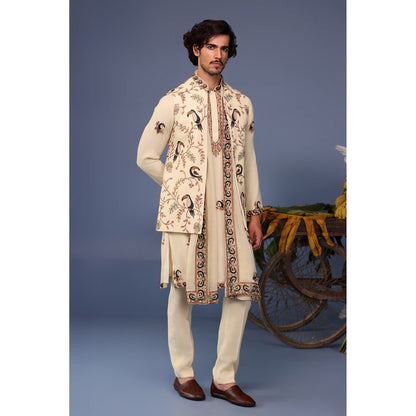 KALPRAAG Cream Viscose Embroidered Kurta Jacket Set