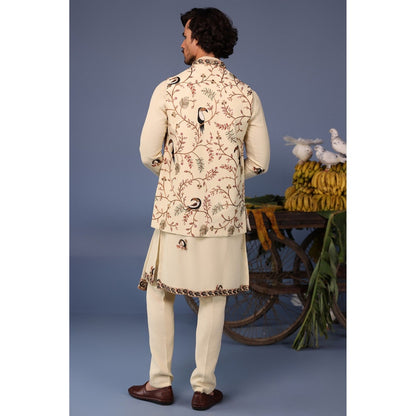 KALPRAAG Cream Viscose Embroidered Kurta Jacket Set