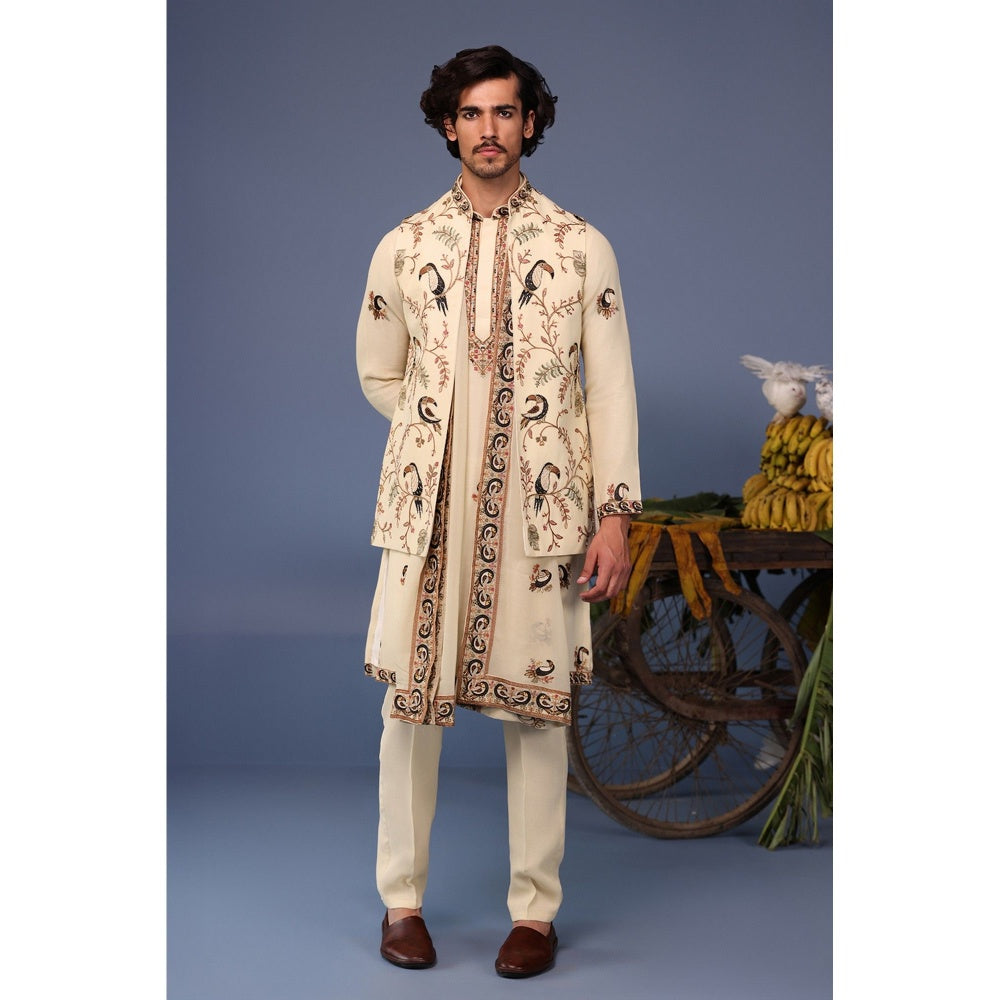 KALPRAAG Cream Viscose Embroidered Kurta Jacket Set
