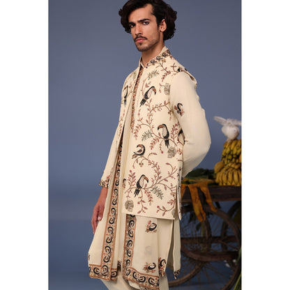KALPRAAG Cream Viscose Embroidered Kurta Jacket Set