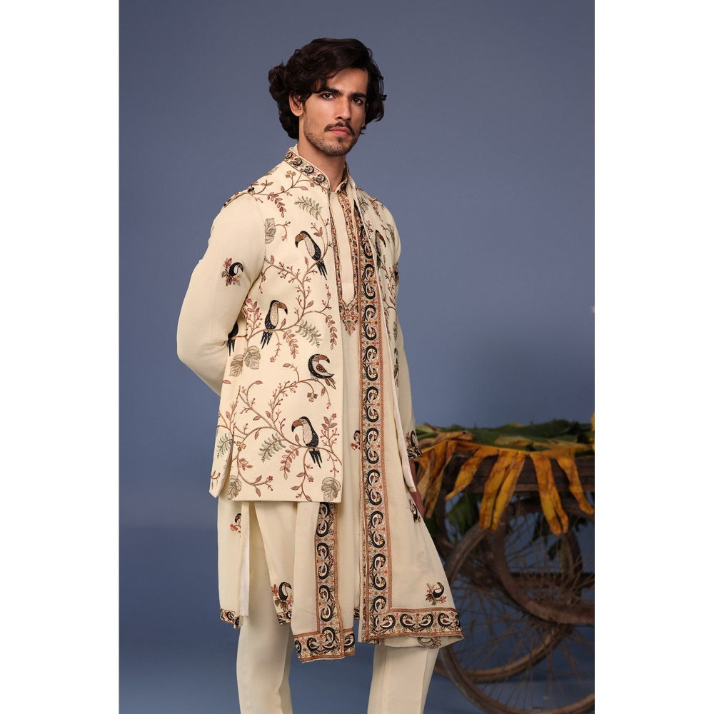 KALPRAAG Cream Viscose Embroidered Kurta Jacket Set