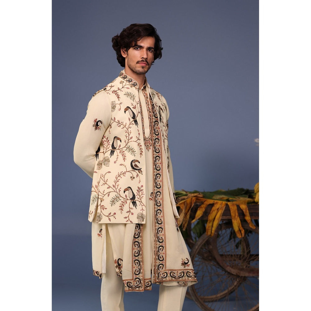 KALPRAAG Cream Viscose Embroidered Kurta Jacket Set
