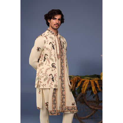KALPRAAG Cream Viscose Embroidered Kurta Jacket Set
