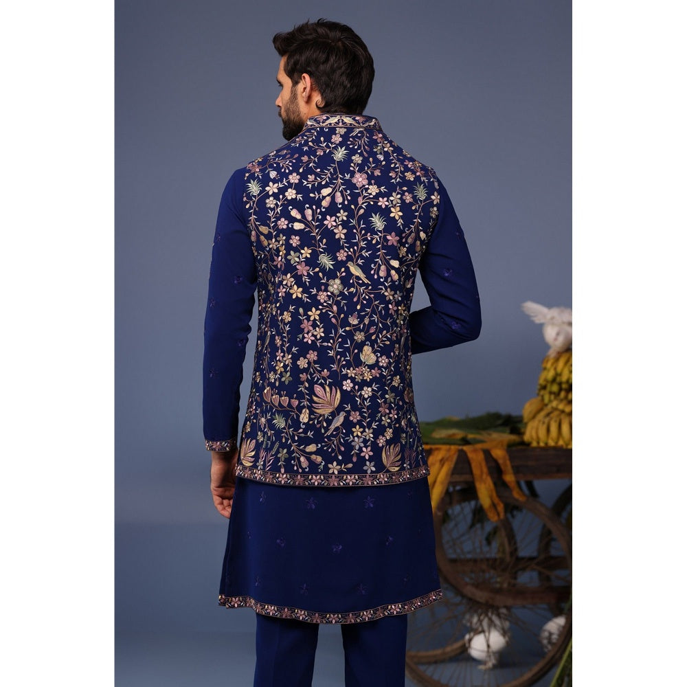 KALPRAAG Navy Blue Viscose Embroidered Kurta Jacket Set