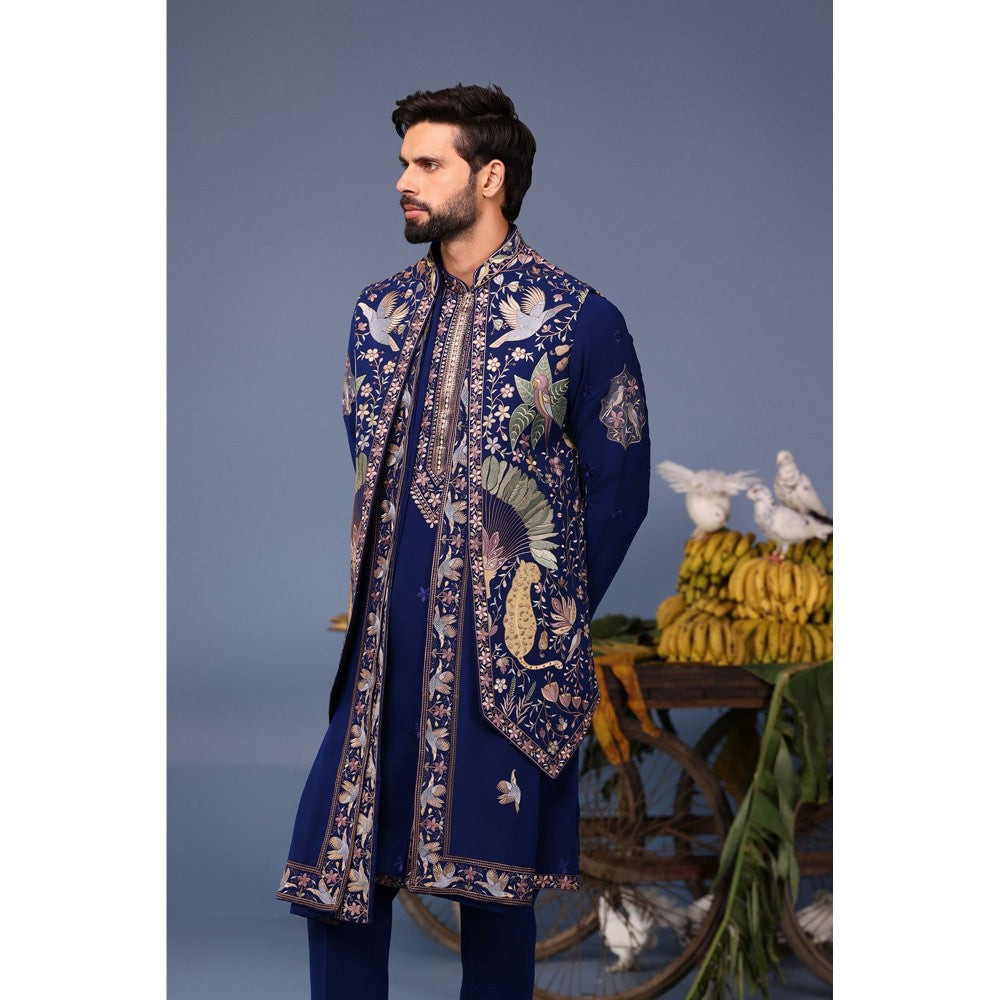 KALPRAAG Navy Blue Viscose Embroidered Kurta Jacket Set