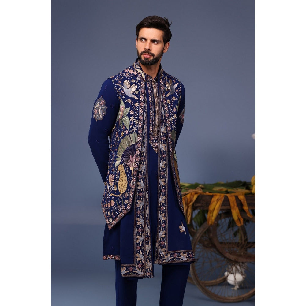 KALPRAAG Navy Blue Viscose Embroidered Kurta Jacket Set