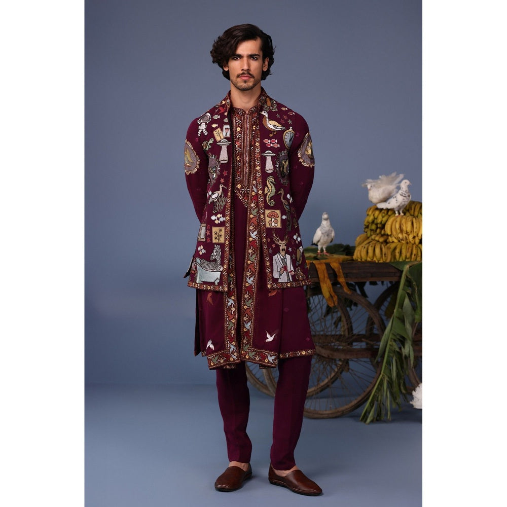 KALPRAAG Wine Viscose Embroidered Kurta Jacket Set