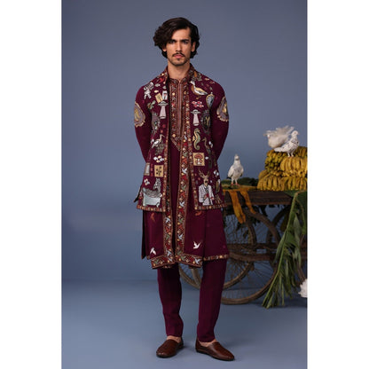 KALPRAAG Wine Viscose Embroidered Kurta Jacket Set