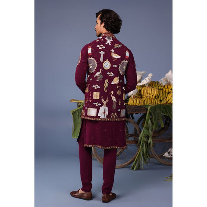 KALPRAAG Wine Viscose Embroidered Kurta Jacket Set