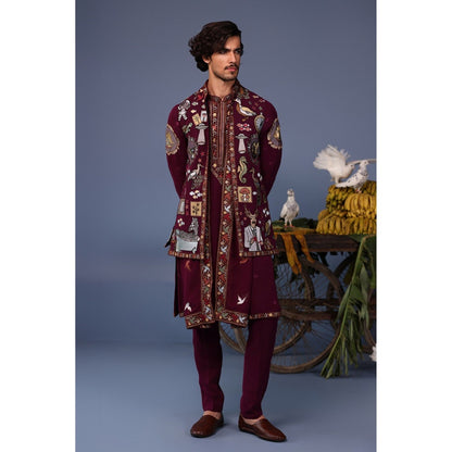 KALPRAAG Wine Viscose Embroidered Kurta Jacket Set