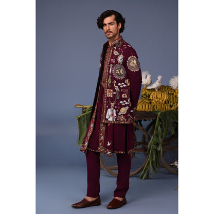 KALPRAAG Wine Viscose Embroidered Kurta Jacket Set