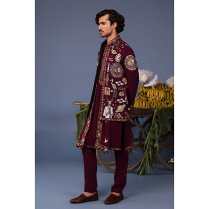 KALPRAAG Wine Viscose Embroidered Kurta Jacket Set