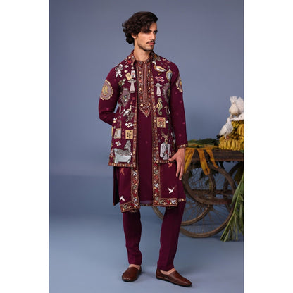 KALPRAAG Wine Viscose Embroidered Kurta Jacket Set