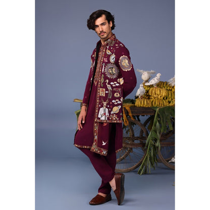 KALPRAAG Wine Viscose Embroidered Kurta Jacket Set