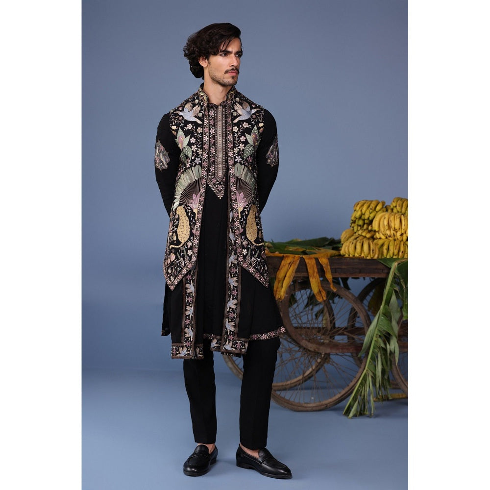 KALPRAAG Black Viscose Embroidered Kurta Jacket Set
