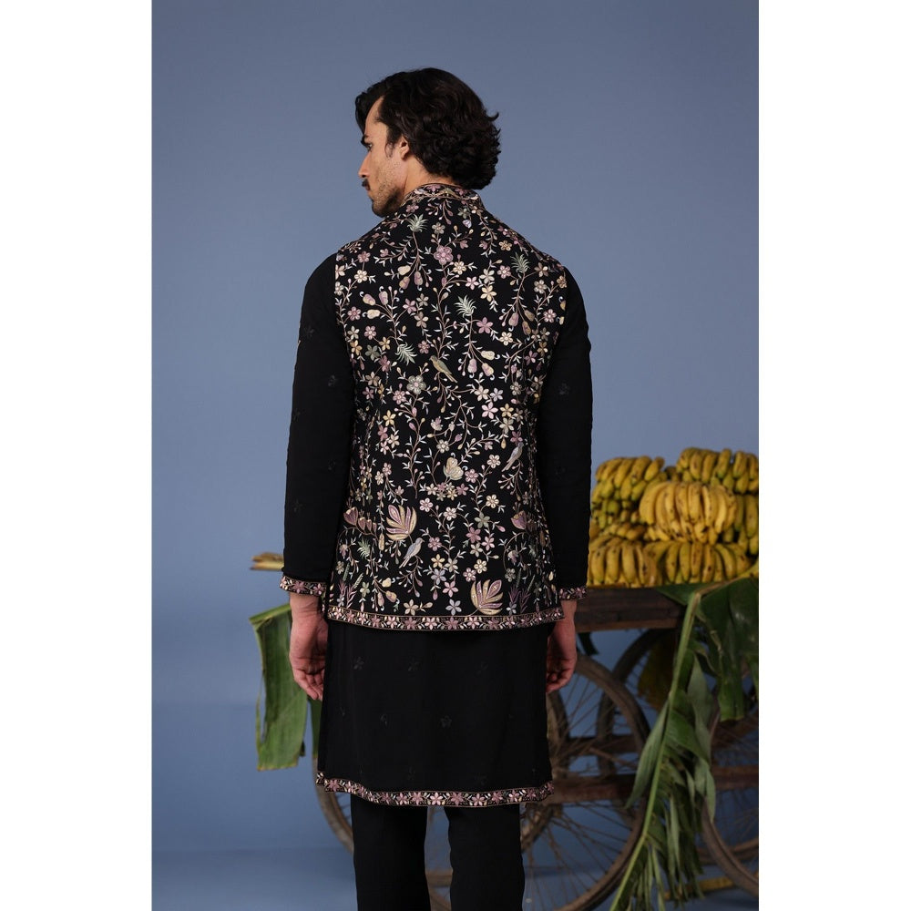 KALPRAAG Black Viscose Embroidered Kurta Jacket Set
